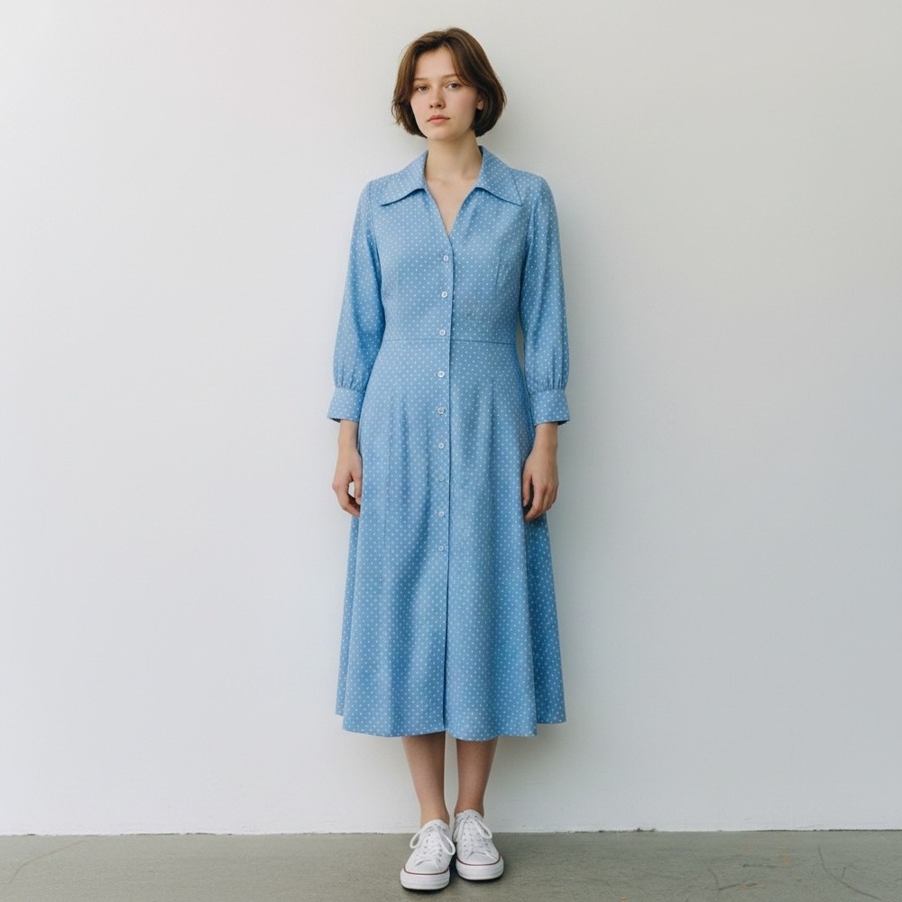 Vintage Homemade Shirt Dress M Blue Polka Dots Button Wide Collar Midi Retro